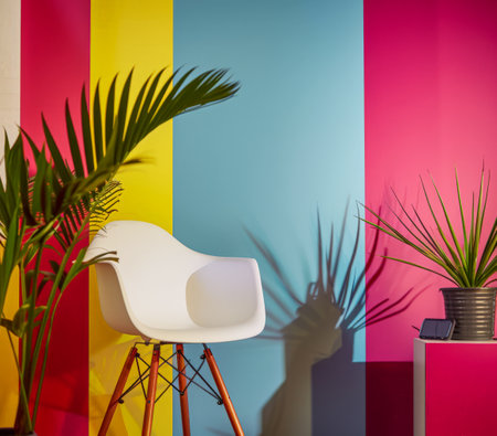 Vibrant minimalist home decor in contrasting colors. Interior design composition with high contrasts and shadows.の素材