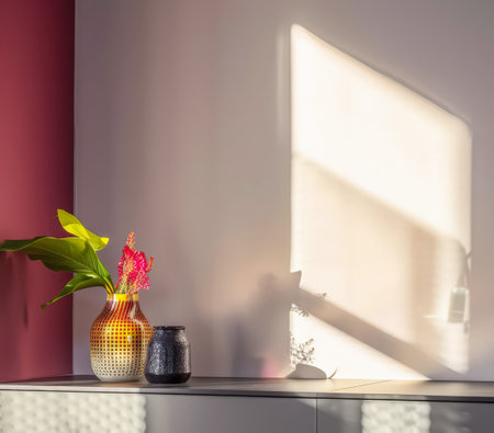 Vibrant minimalist home decor in contrasting colors. Interior design composition with high contrasts and shadows.の素材