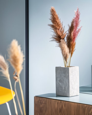 Vibrant minimalist home decor in contrasting colors. Interior design composition with high contrasts and shadows.の素材