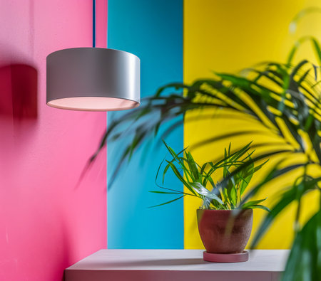 Vibrant minimalist home decor in contrasting colors. Interior design composition with high contrasts and shadows.の素材
