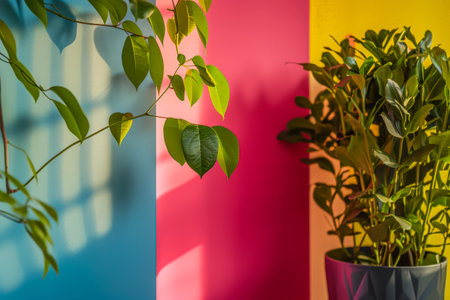 Vibrant minimalist home decor in contrasting colors. Interior design composition with high contrasts and shadows.の素材