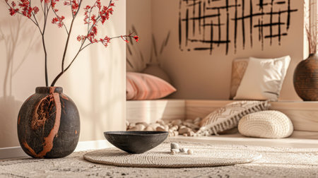 Zen modern home decor living room composition in clean colors. Interior design room composition with window natural light.の素材