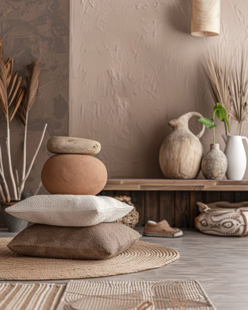 Minimalist zen interior design in beige with natural elements and light. Relaxing interiors, meditation room concept.の素材
