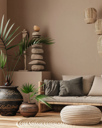 Minimalist zen interior design in beige with natural elements and light. Relaxing interiors, meditation room concept.の素材