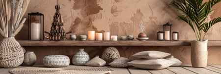 Minimalist zen interior design in beige with natural elements and light. Relaxing interiors, meditation room concept.の素材