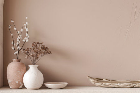 Minimalist natural interior design decor with textured elements and dry plants. Interiors composition with copyspace for text.の素材