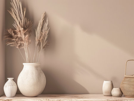 Minimalist natural interior design decor with textured elements and dry plants. Interiors composition with copyspace for text.の素材