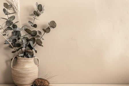 Minimalist natural interior design decor with textured elements and dry plants. Interiors composition with copyspace for text.の素材