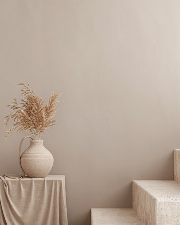 Minimalist natural interior design decor with textured elements and dry plants. Interiors composition with copyspace for text.の素材
