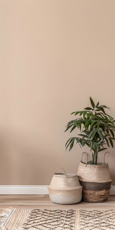 Serene minimalist interiors with natural textures and warm colors. Interior design composition with copyspace for text.の素材