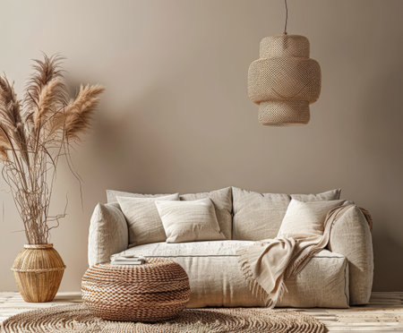 Serene minimalist interiors with natural textures and warm colors. Interior design composition with copyspace for text.の素材