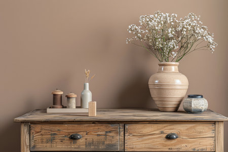 Rustic wooden dresser in beige color in a minimalistic interior design decor composition. Copyspace for text.の素材