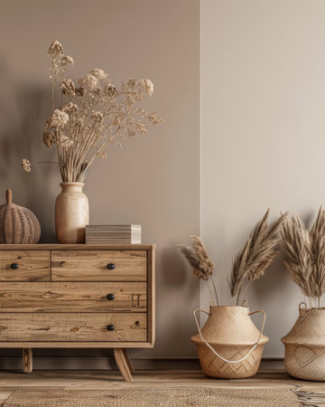 Rustic wooden dresser in beige color in a minimalistic interior design decor composition. Copyspace for text.の素材