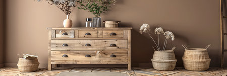Rustic wooden dresser in beige color in a minimalistic interior design decor composition. Copyspace for text.の素材