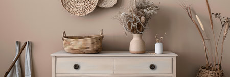 Rustic wooden dresser in beige color in a minimalistic interior design decor composition. Copyspace for text.の素材