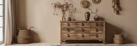 Rustic wooden dresser in beige color in a minimalistic interior design decor composition. Copyspace for text.の素材