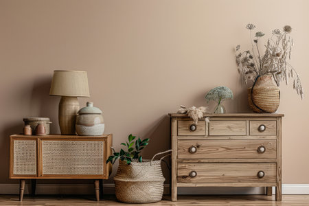 Rustic wooden dresser in beige color in a minimalistic interior design decor composition. Copyspace for text.の素材