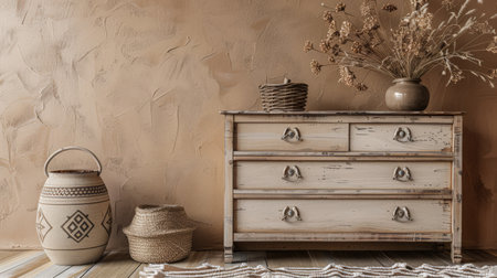 Rustic wooden dresser in beige color in a minimalistic interior design decor composition. Copyspace for text.の素材