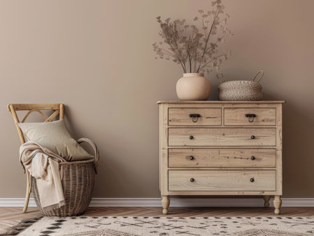 Rustic wooden dresser in beige color in a minimalistic interior design decor composition. Copyspace for text.の素材