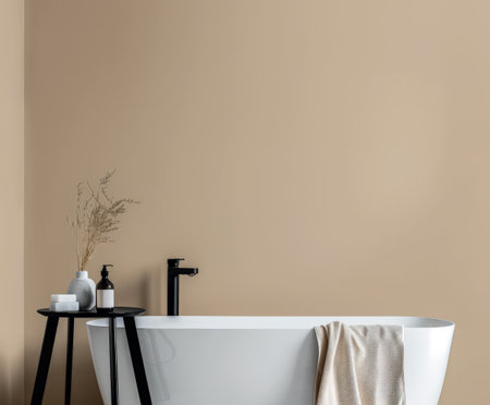 Modern minimalist bathroom with elegant touches and neutral tones.の素材
