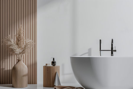 Modern minimalist bathroom with elegant touches and neutral tones.の素材