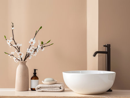 Modern minimalist bathroom with elegant touches and neutral tones.の素材