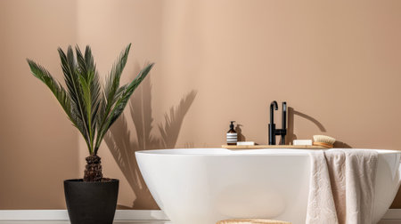 Modern minimalist bathroom with elegant touches and neutral tones.の素材