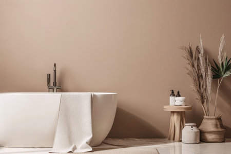 Modern minimalist bathroom with elegant touches and neutral tones.の素材