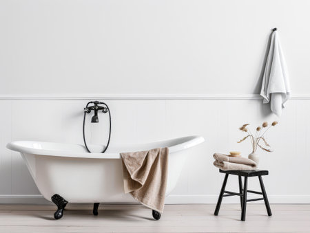 Modern minimalist bathroom with elegant touches and neutral tones.の素材