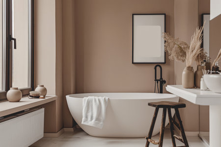 Modern minimalist bathroom with elegant touches and neutral tones.の素材