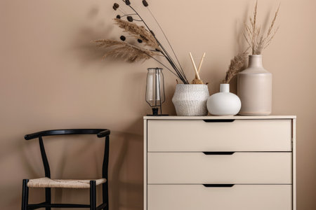 Rustic wooden dresser in an interior design room composition. Minimalistic, chic interiors.の素材