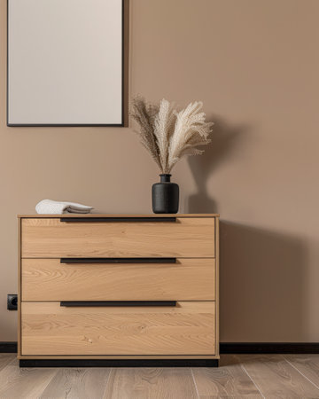 Rustic wooden dresser in an interior design room composition. Minimalistic, chic interiors.の素材