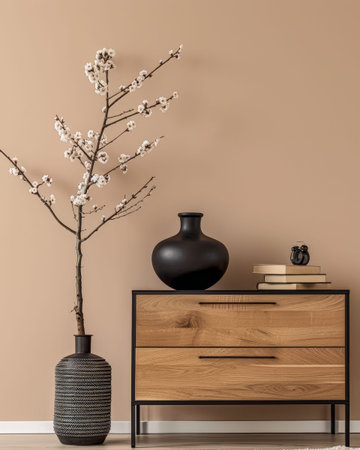 Rustic wooden dresser in an interior design room composition. Minimalistic, chic interiors.の素材