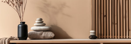 Minimalist zen interior design in beige with natural elements and window lighting. Relaxing interiors, meditation spaces.の素材