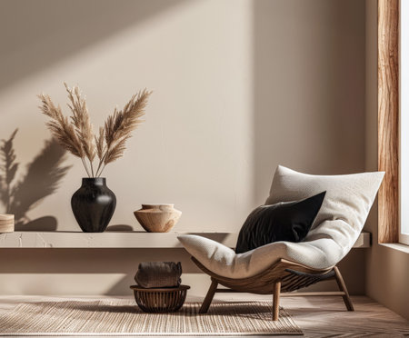 Minimalist zen interior design in beige with natural elements and window lighting. Relaxing interiors, meditation spaces.の素材