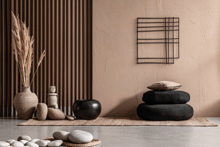 Minimalist zen interior design in beige with natural elements and window lighting. Relaxing interiors, meditation spaces.の素材