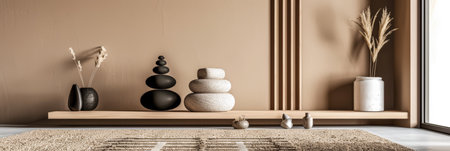 Minimalist zen interior design in beige with natural elements and window lighting. Relaxing interiors, meditation spaces.の素材