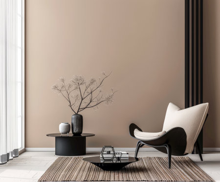 Minimalist zen interior design in beige with natural elements and window lighting. Relaxing interiors, meditation spaces.の素材