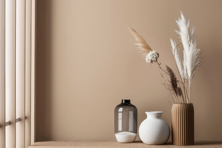 Minimalist peach interior design decor with textured elements and natural light from a window. Interiors composition with copyspace for text.の素材