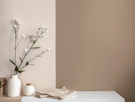 Minimalist peach interior design decor with textured elements and natural light from a window. Interiors composition with copyspace for text.の素材