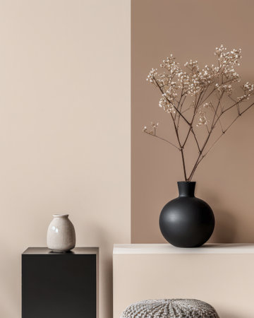 Minimalist peach interior design decor with textured elements and natural light from a window. Interiors composition with copyspace for text.の素材