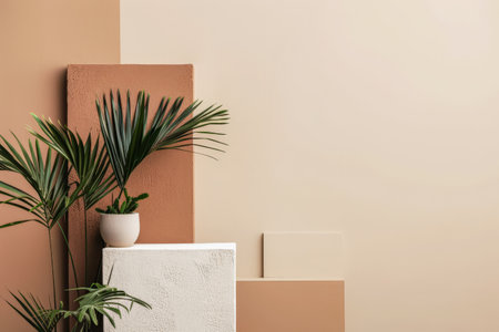 Minimalist peach interior design decor with textured elements and natural light from a window. Interiors composition with copyspace for text.の素材