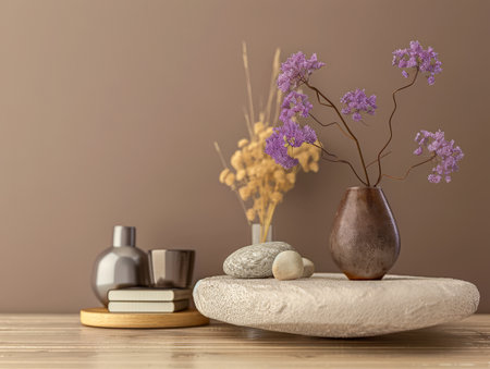 Minimalist zen interior design in warm tones with natural elements and window lighting. Relaxing interiors, meditation spaces.の素材