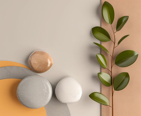 Minimalist zen interior design in warm tones with natural elements and window lighting. Relaxing interiors, meditation spaces.の素材