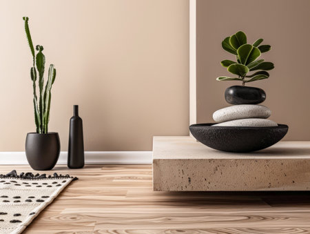 Minimalist zen interior design composition in clean tones with natural elements and window lighting. Relaxing serene interiors, meditation spaces.の素材