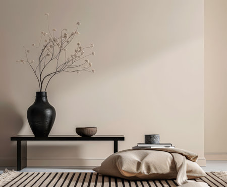 Minimalist zen interior design composition in clean tones with natural elements and window lighting. Relaxing serene interiors, meditation spaces.の素材