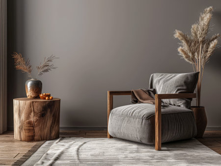 Chic minimalist interiors with elegant furniture and natural window lighting. Interior design composition with minimal furniture.の素材