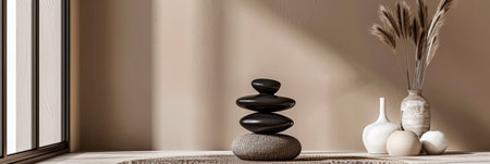 Minimalist zen interior design composition in clean tones with natural elements and window lighting. Relaxing serene interiors, meditation spaces.の素材