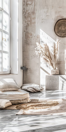 Minimalist interior design composition in a bright room with Scandinavian and zen decor. Home interiors in a luxurious style.の素材