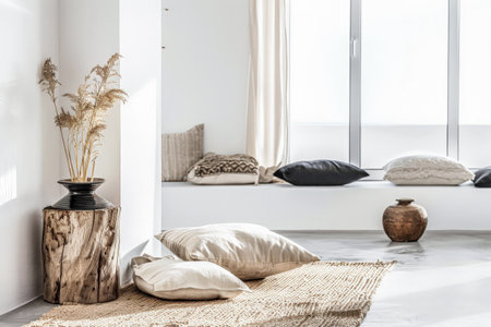 Minimalist interior design composition in a bright room with Scandinavian and zen decor. Home interiors in a luxurious style.の素材